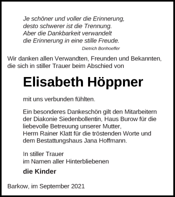 Traueranzeige von Elisabeth Höppner von Neubrandenburger Zeitung