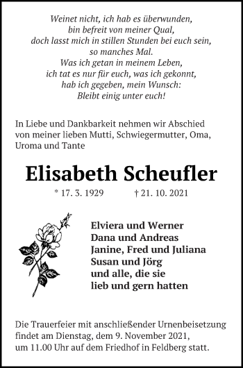 Traueranzeige von Elisabeth Scheufler von Pasewalker Zeitung