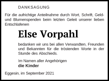 Traueranzeige von Else Vorpahl von Haff-Zeitung