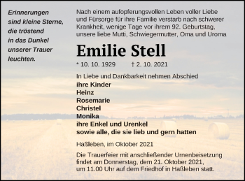 Traueranzeige von Emilie Stell von Templiner Zeitung