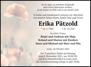 Traueranzeige von Erika Pätzold von Vorpommern Kurier