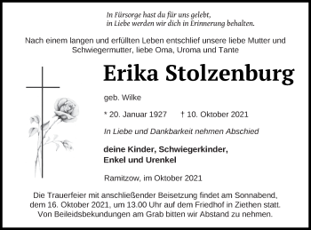 Traueranzeige von Erika Stolzenburg von Vorpommern Kurier