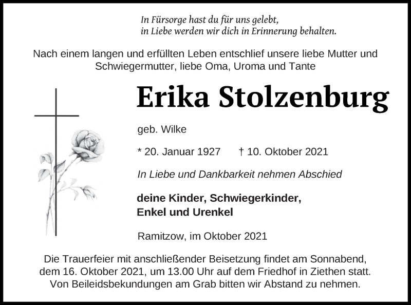  Traueranzeige für Erika Stolzenburg vom 13.10.2021 aus Vorpommern Kurier