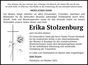 Traueranzeige von Erika Stolzenburg von Vorpommern Kurier