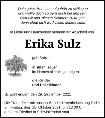 Traueranzeige von Erika Sulz von Mecklenburger Schweiz