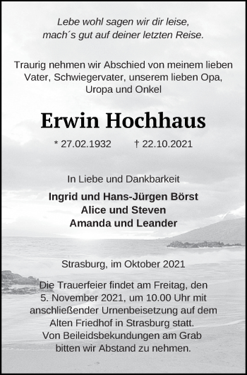 Traueranzeige von Erwin Hochhaus von Pasewalker Zeitung