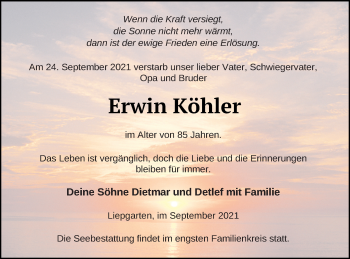 Traueranzeige von Erwin Köhler von Haff-Zeitung