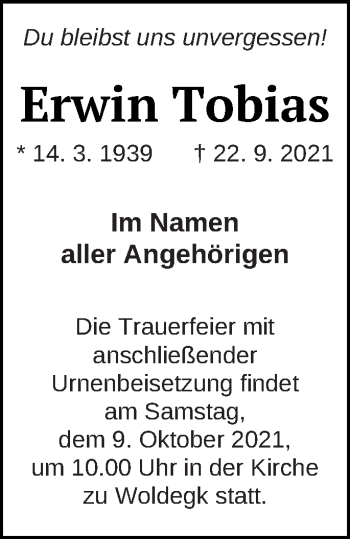 Traueranzeige von Erwin Tobias von Strelitzer Zeitung