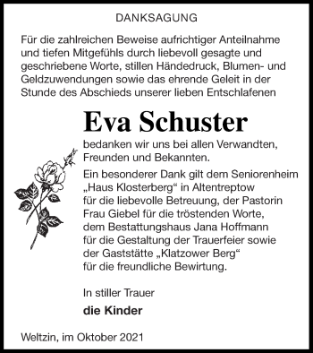 Traueranzeige von Eva Schuster von Neubrandenburger Zeitung