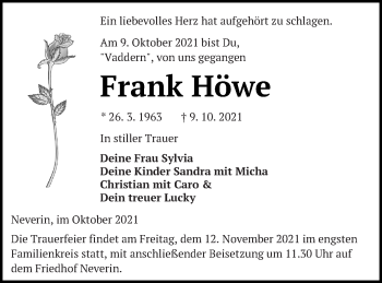 Traueranzeige von Frank Höwe von Neubrandenburger Zeitung