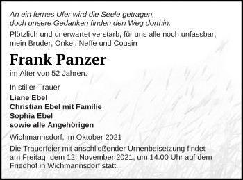 Traueranzeige von Frank Panzer von Templiner Zeitung