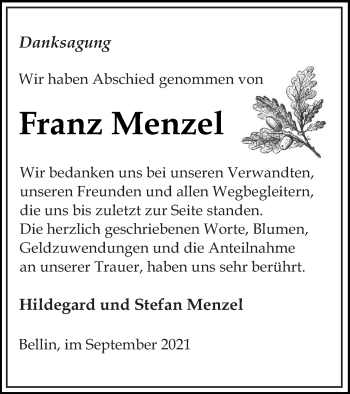 Traueranzeige von Franz Menzel von Haff-Zeitung
