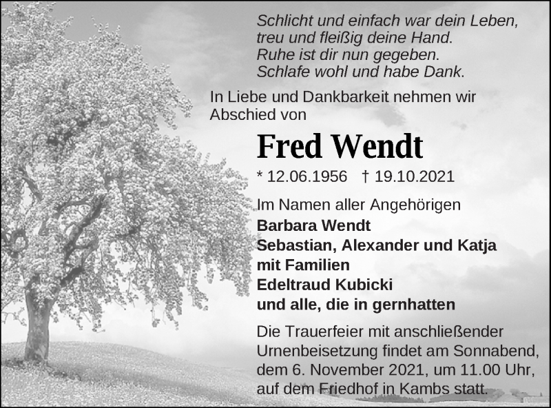 Traueranzeige für Fred Wendt vom 23.10.2021 aus Müritz-Zeitung