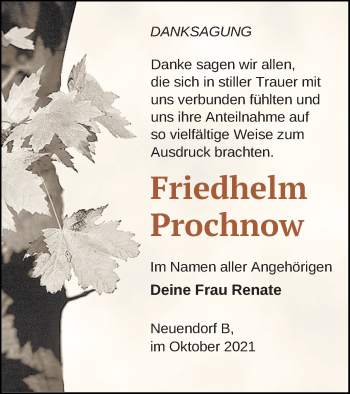 Traueranzeige von Friedhelm Prochnow von Vorpommern Kurier