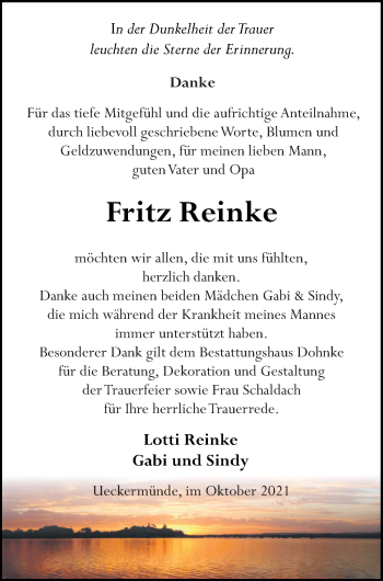 Traueranzeige von Fritz Reinke von Haff-Zeitung