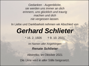 Traueranzeige von Gerhard Schlieter von Strelitzer Zeitung