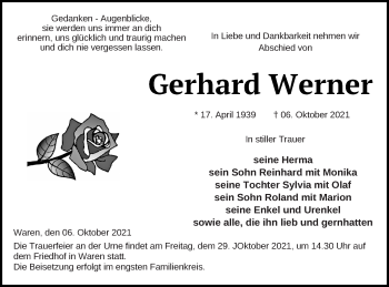 Traueranzeige von Gerhard Werner von Müritz-Zeitung