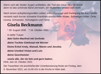 Traueranzeige von Gisela Beckmann von Müritz-Zeitung