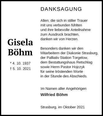 Traueranzeige von Gisela Böhm von Pasewalker Zeitung