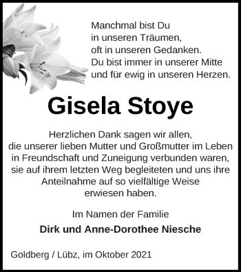 Traueranzeige von Gisela Stoye von Müritz-Zeitung