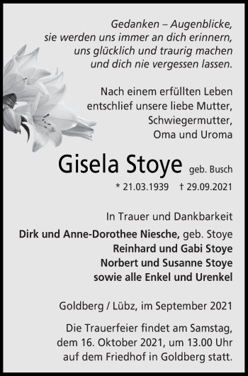 Traueranzeige von Gisela Stoye von Müritz-Zeitung