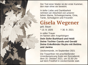 Traueranzeige von Gisela Wegener von Haff-Zeitung