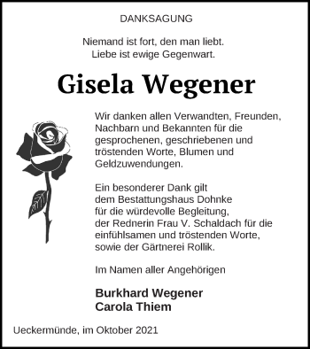 Traueranzeige von Gisela Wegener von Haff-Zeitung
