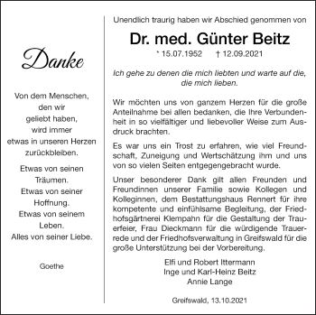 Traueranzeige von Günter Beitz von Vorpommern Kurier