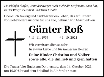 Traueranzeige von Günter Roß von Strelitzer Zeitung