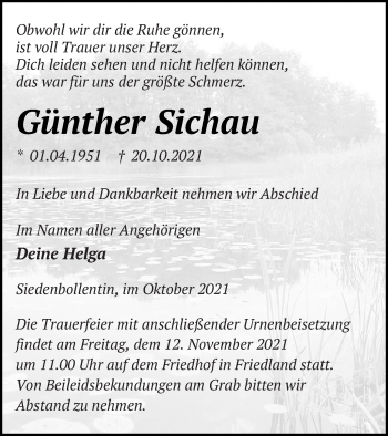 Traueranzeige von Günther Sichau von Neubrandenburger Zeitung