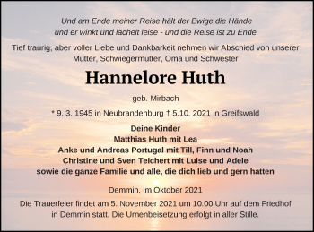 Traueranzeige von Hannelore Huth von Demminer Zeitung