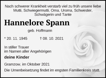 Traueranzeige von Hannelore Spann von Prenzlauer Zeitung