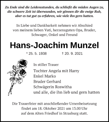 Traueranzeige von Hans-Joachim Munzel von Pasewalker Zeitung