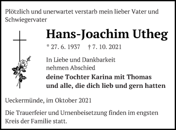 Traueranzeige von Hans-Joachim Utheg von Haff-Zeitung