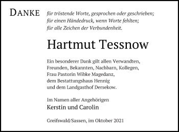 Traueranzeige von Hartmut Tessnow von Vorpommern Kurier