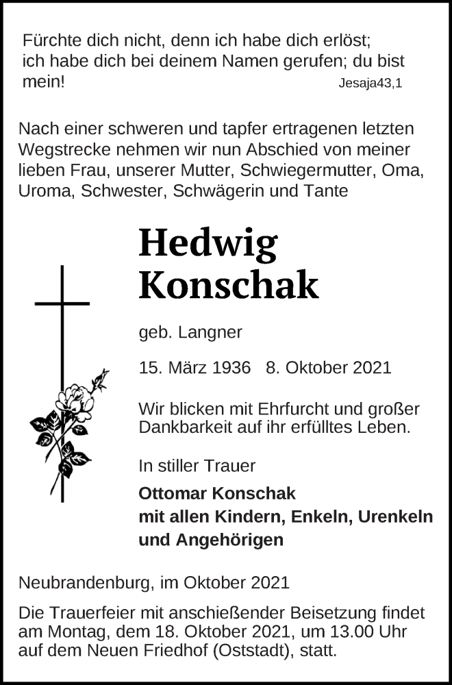  Traueranzeige für Hedwig Konschak vom 13.10.2021 aus Neubrandenburger Zeitung