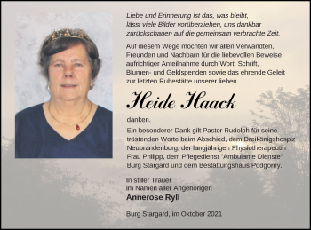 Traueranzeige von Heide Haack von Neubrandenburger Zeitung