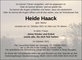 Traueranzeige von Heide Haack von Neubrandenburger Zeitung