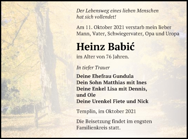  Traueranzeige für Heinz Babic vom 15.10.2021 aus Templiner Zeitung