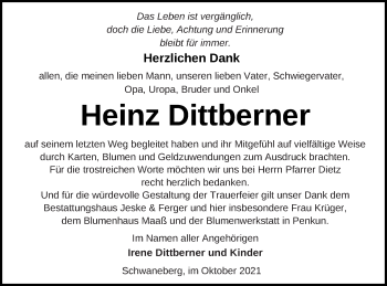 Traueranzeige von Heinz Dittberner von Prenzlauer Zeitung