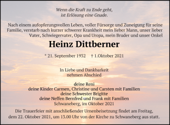 Traueranzeige von Heinz Dittberner von Prenzlauer Zeitung