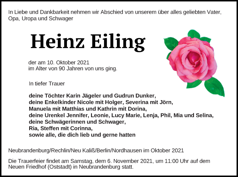  Traueranzeige für Heinz Eiling vom 16.10.2021 aus Neubrandenburger Zeitung
