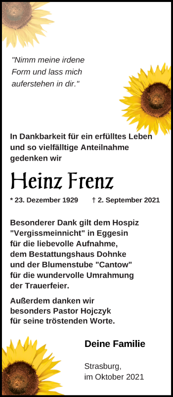 Traueranzeige von Heinz Frenz von Haff-Zeitung