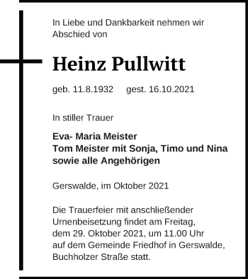 Traueranzeige von Heinz Pullwitt von Templiner Zeitung