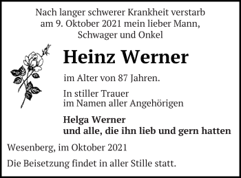 Traueranzeige von Heinz Werner von Strelitzer Zeitung