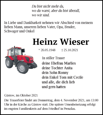 Traueranzeige von Heinz Wieser von Prenzlauer Zeitung