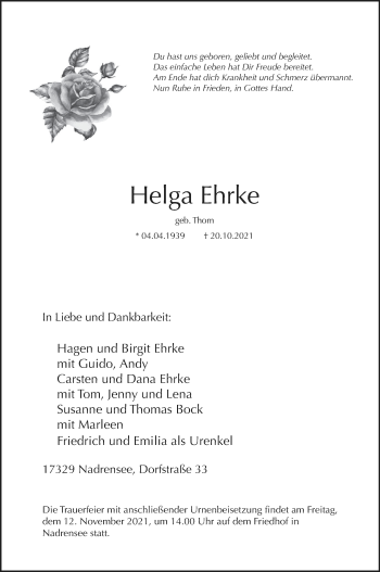 Traueranzeige von Helga Ehrke von Pasewalker Zeitung