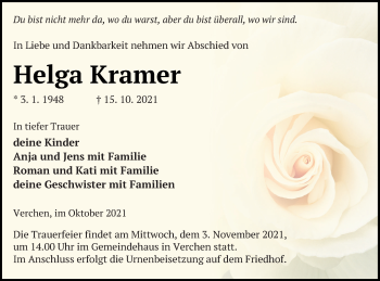 Traueranzeige von Helga Kramer von Demminer Zeitung