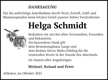 Traueranzeige von Helga Schmidt von Mecklenburger Schweiz