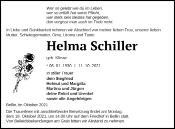 Traueranzeige von Helma Schiller von Haff-Zeitung